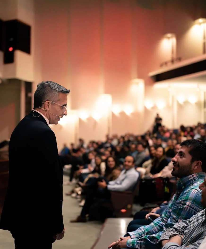 Diego Minevitz guía una dinámica participativa con una persona de la audiencia.